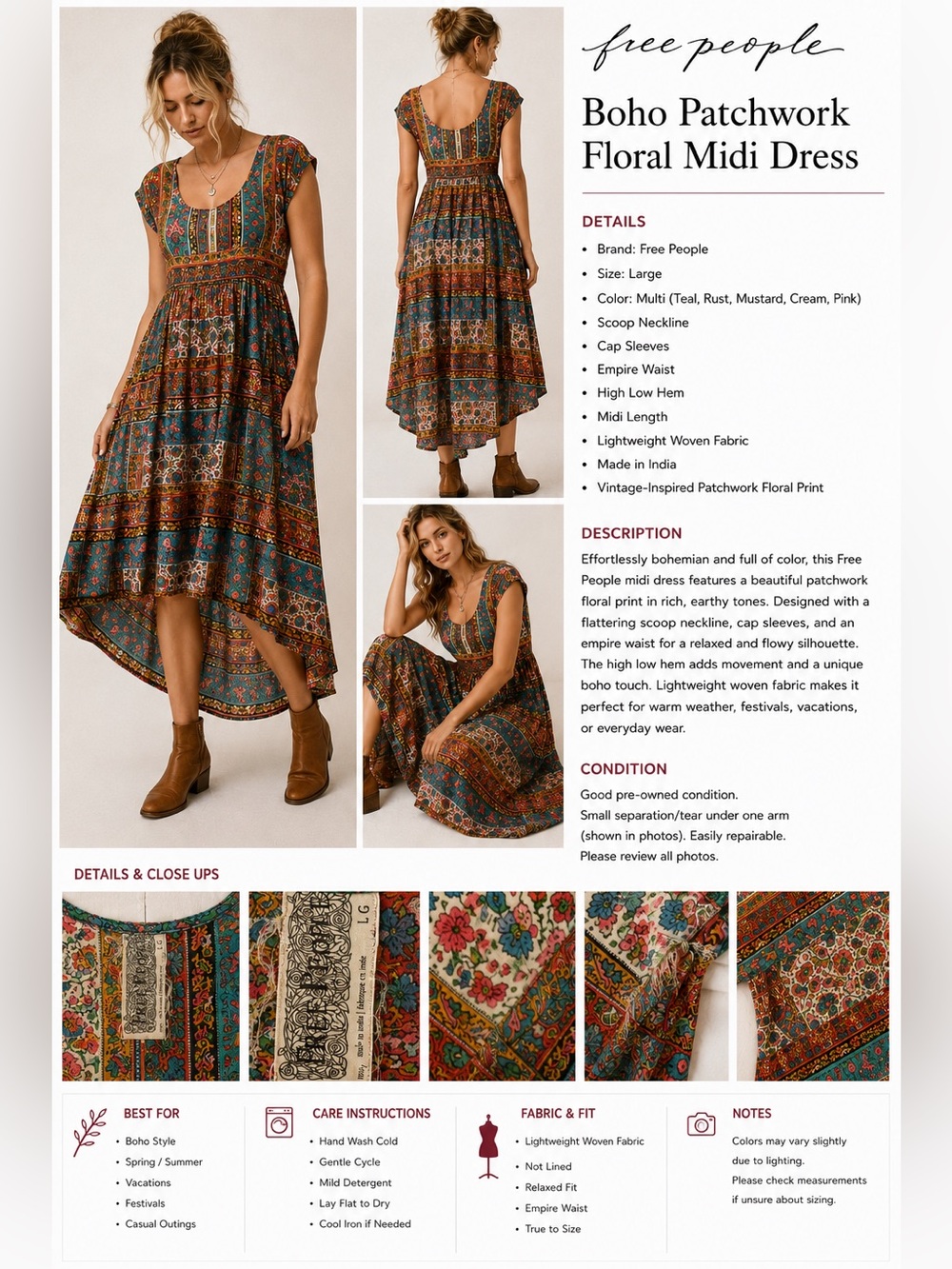 Free People Boho Patchwork Floral Midi Dress | Women’s Large | Made in India